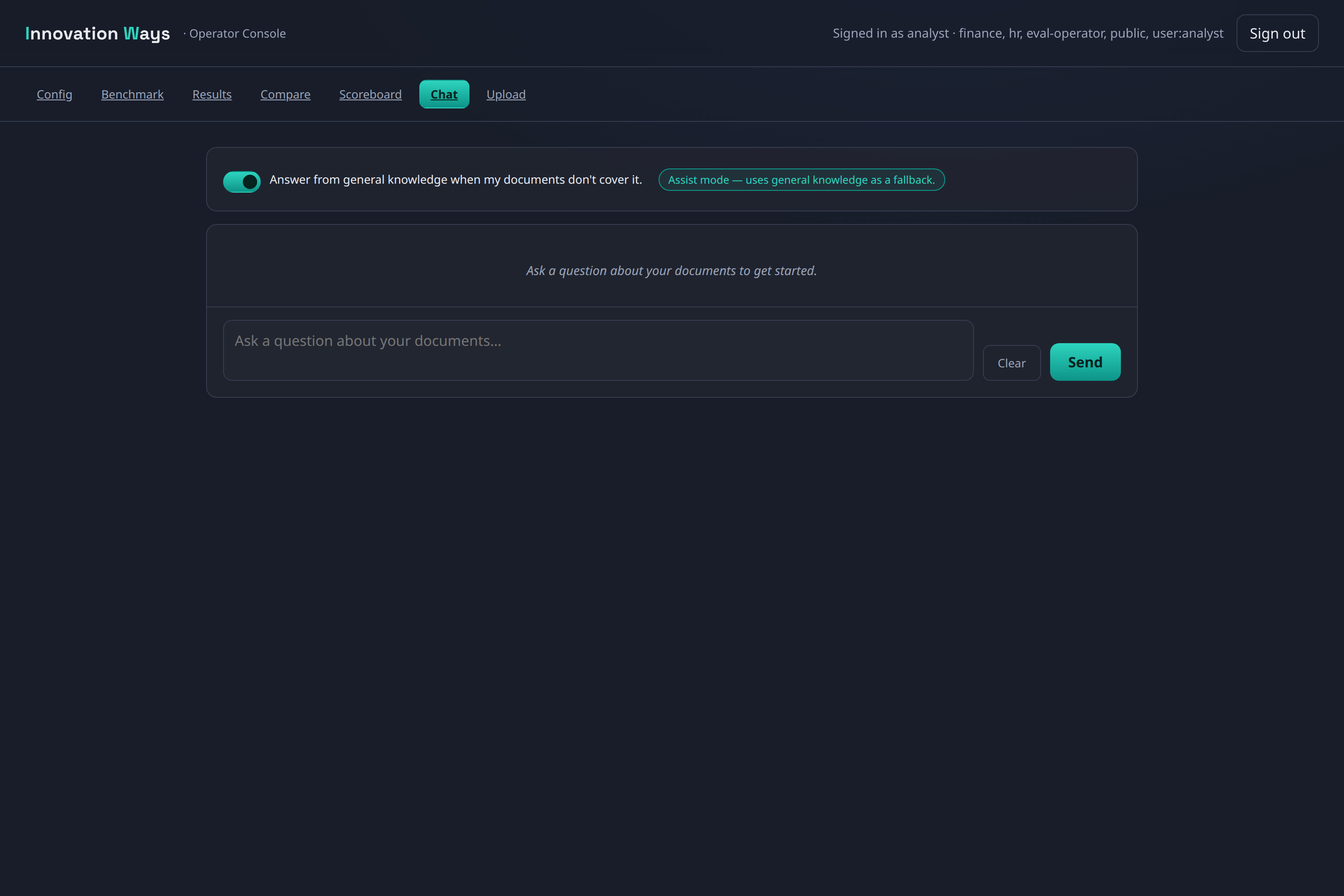 IW RAG operator console — chat view answering a question over uploaded documents