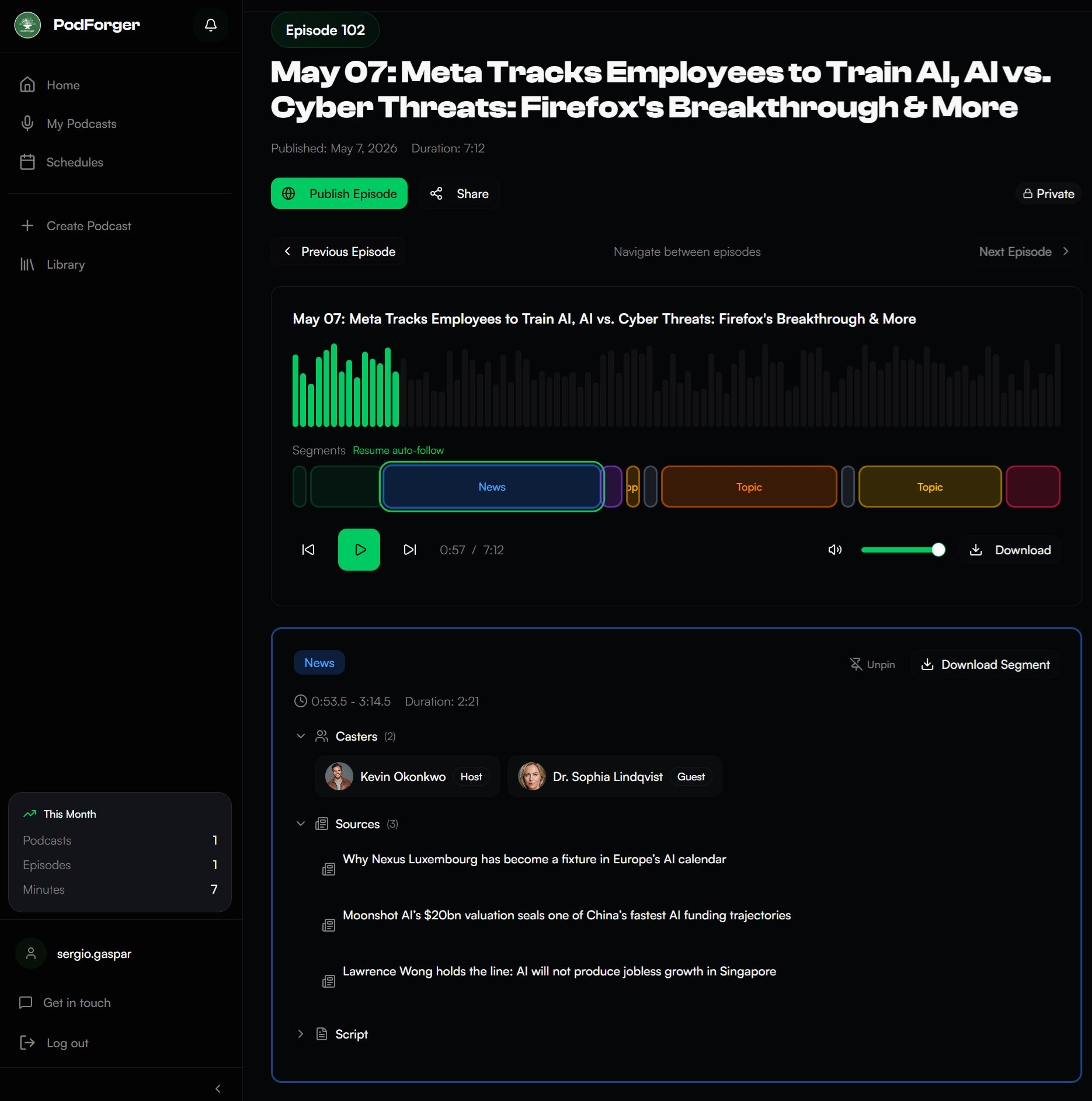 PodForger episode page with audio player and the generated multi-speaker script