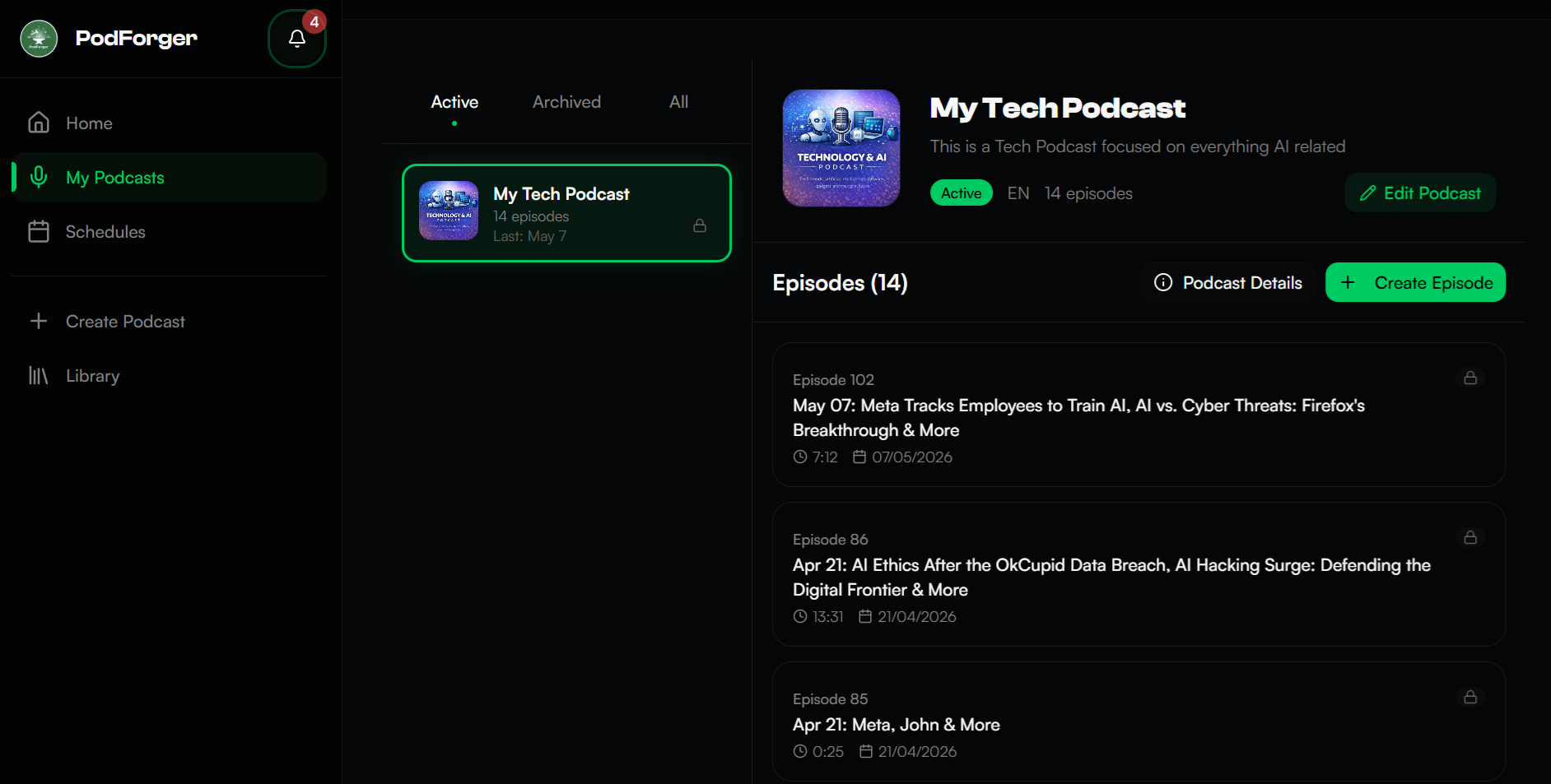 PodForger podcast page for managing episodes and settings